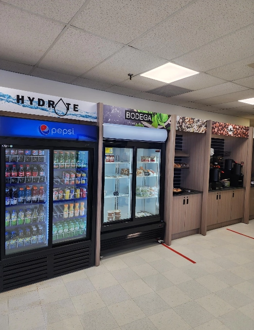 refrigerator with packaged food and drinks