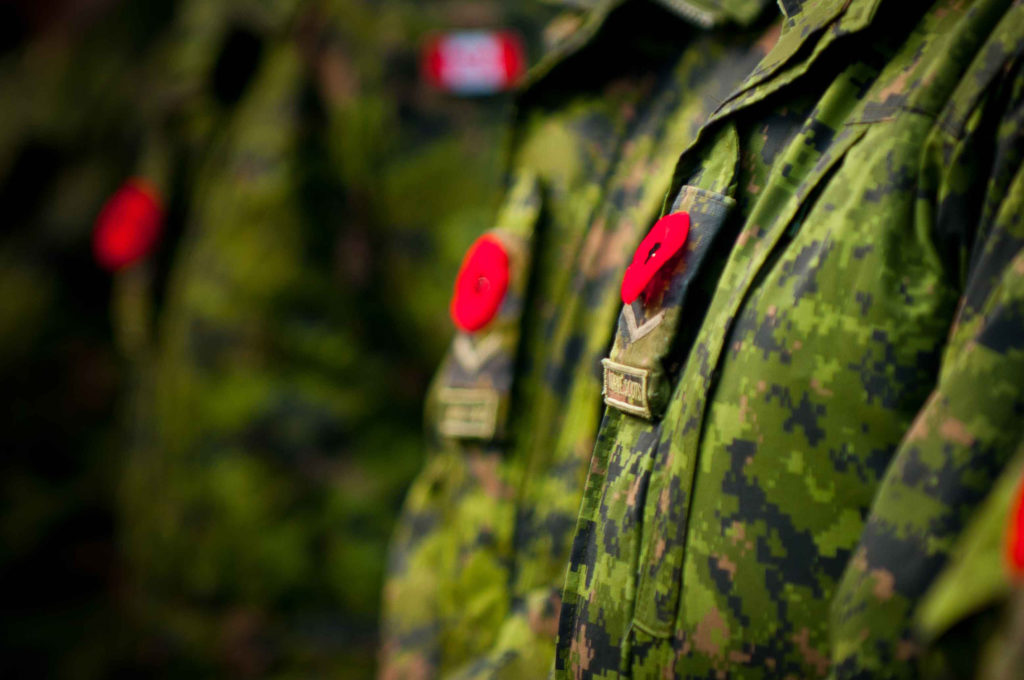 D’anciens combattants qui portent un coquelicot rouge sur leur uniforme vert
