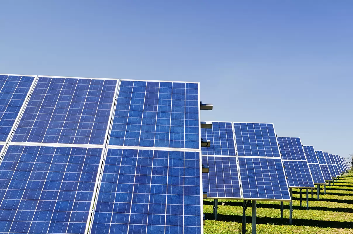 Des rangées de panneaux solaires sur un champ de gazon