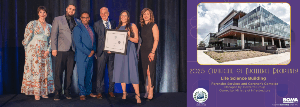 Dexterra Group team accepts BOMA Certificate of Excellence for sustainable facility management at Ontario’s Forensic Services and Coroner’s Complex, 2025.
