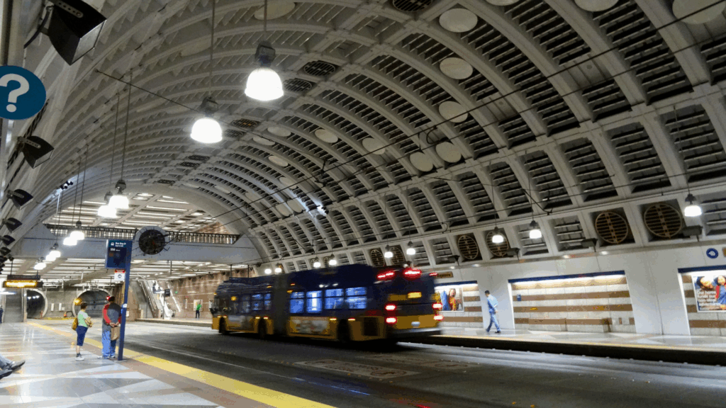 Moving transit bus at Poineer station