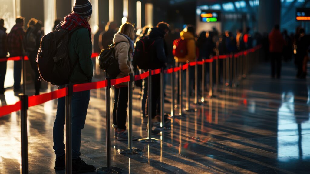 Crowd waiting at airport check-in with baggage