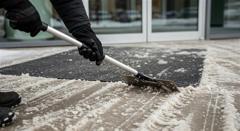 Janitorial services cleaning snow outside a commercial building